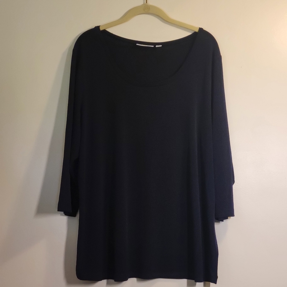 Susan Graver Liquid Knit 3/4 Sleeve Scoop Neck Top Navy 1X